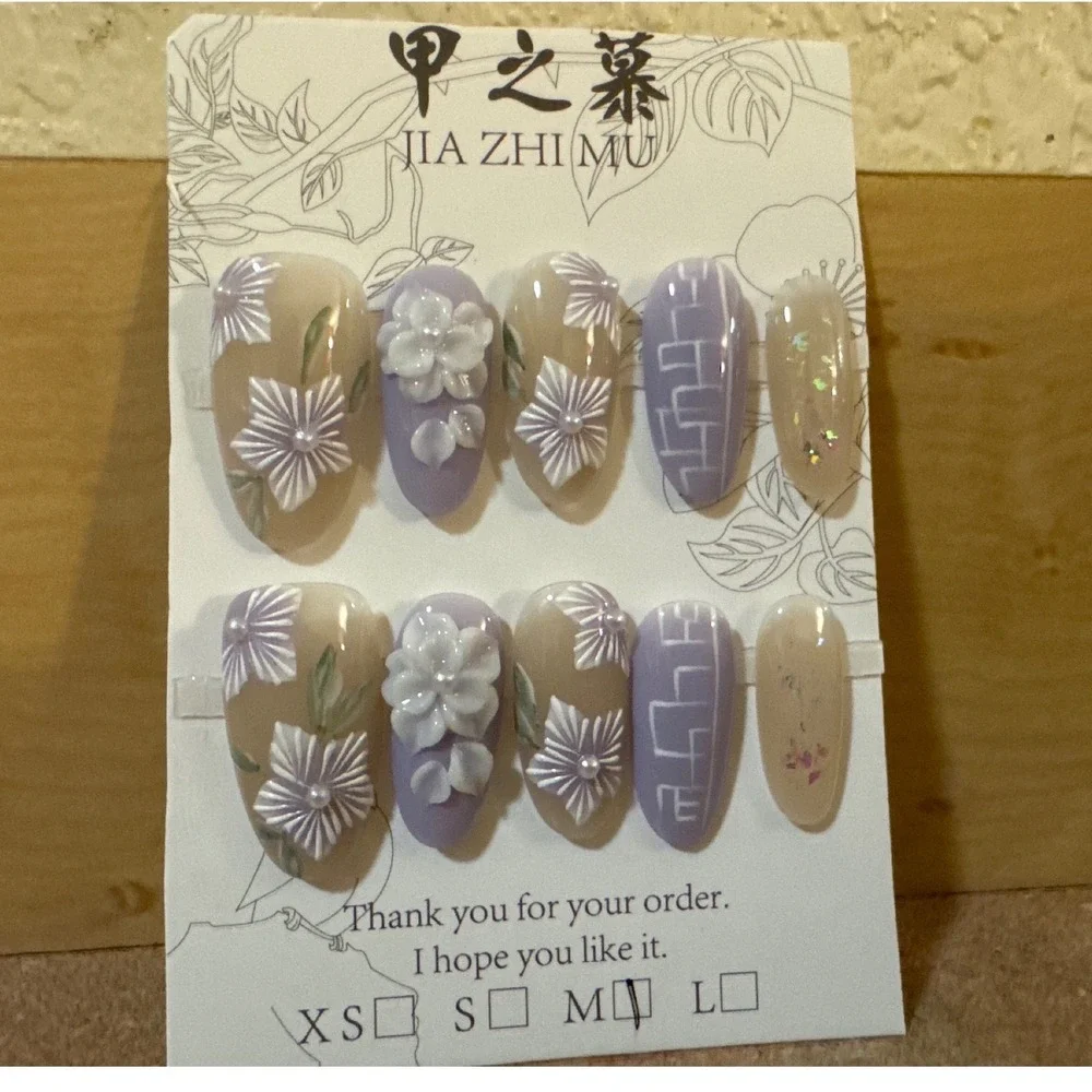 Lavender 3D Floral Almond Press On‎ Nails Nude Purple Pearl Accent Size Medium